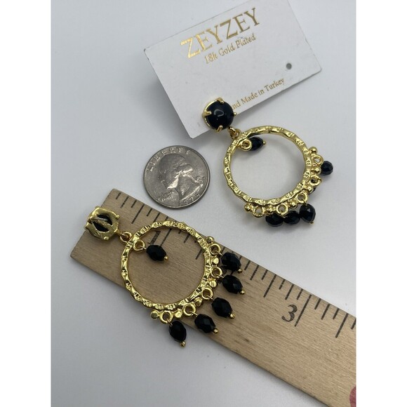 ZEYZEY 18 Karat Gold Plated Adorned Gold Dangle Hoop Earrings With Black Beads N - Picture 5 of 5